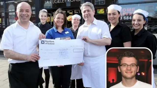 Pictured collecting the cheque from staff at Sankeys Fish Bar is TCT regional fund-raising manager Michelle Aucott. Inset: Stephen Sutton Read more: http://www.lichfieldmercury.co.uk/Burntwood-chip-shop-raises-2-000-Teenage-Cancer/story-28848044-detail/story.html#ixzz41woY1IhH Follow us: @LichMercury on Twitter | lichfield.mercury.official on Facebook