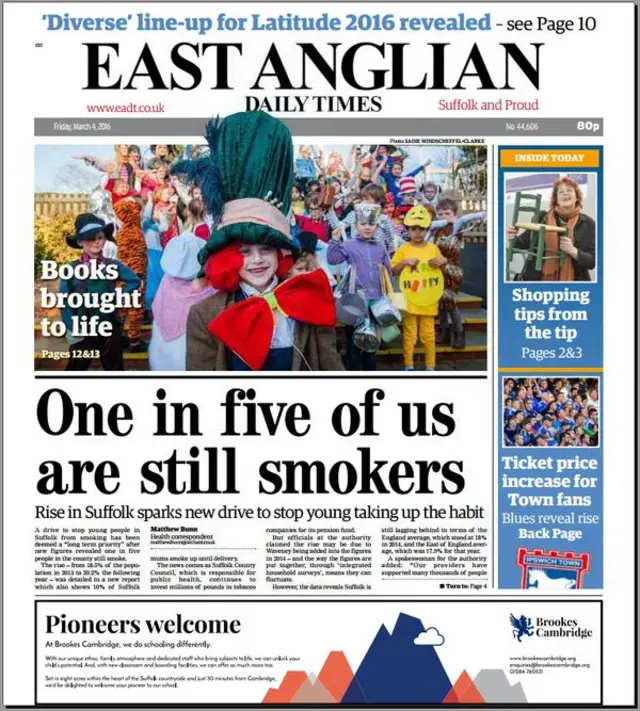 East Anglian Daily Times east edition front page