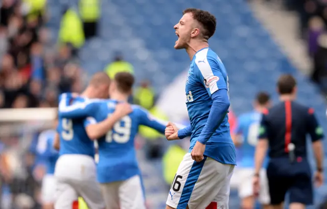 Andy Halliday celebrates after netting Rangers' third against Dundee