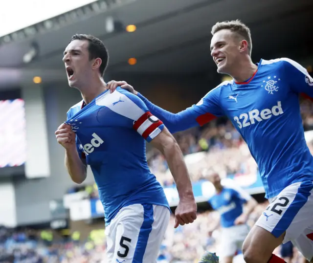 Rangers captain Lee Wallace celebrates his goal against Dundee