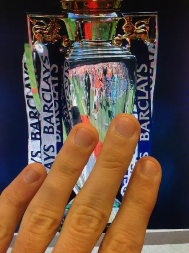 A hand on the Premier League trophy on a screen