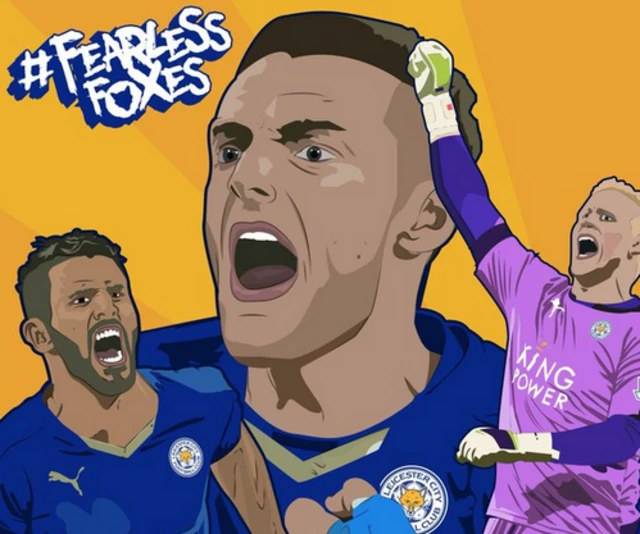 A cartoon of Mahrez, Vardy and Schmeichel