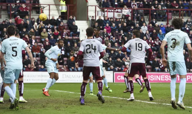 Arnaud Djoum scores for Hearts against Partick Thistle