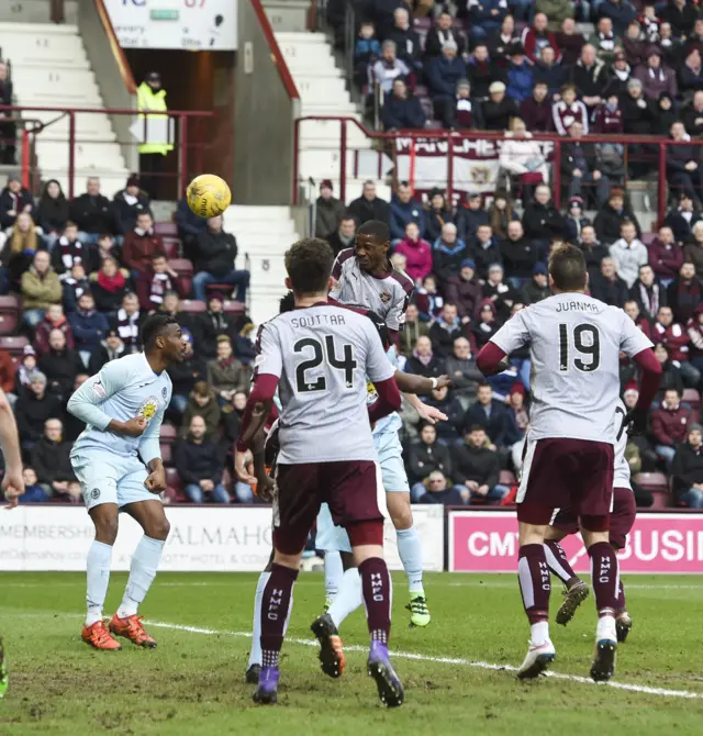 Arnaud Djoum nods Hearts in front at Tynecastle