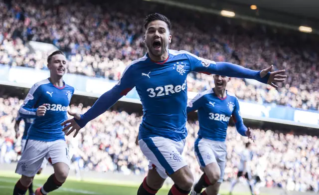 Harry Forrester celebrates his opener at Ibrox