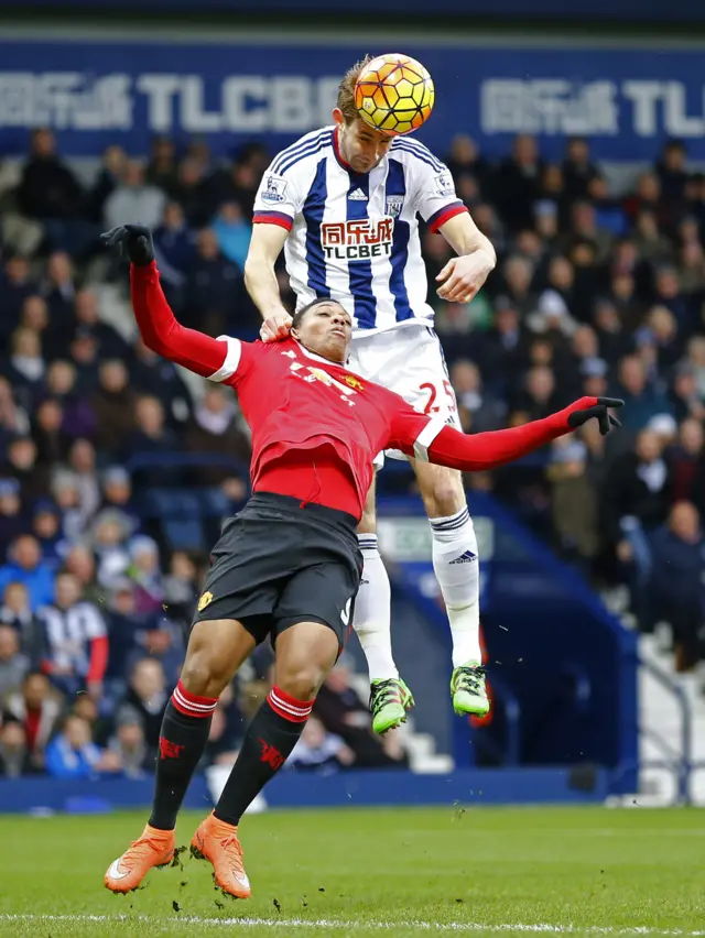 Craig Dawson beats Man United's Anthony Martial in the air