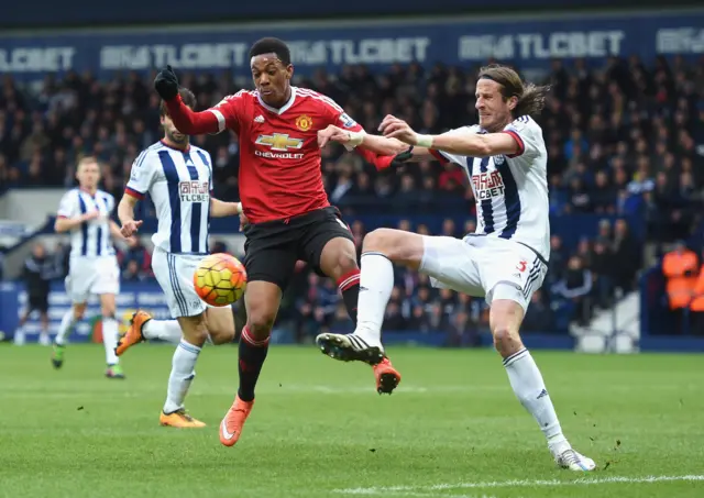 Anthony Martial battles with West Brom's Jonas Olsson