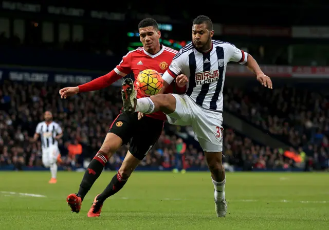 Salomon Rondon and Chris Smalling tussle for possession