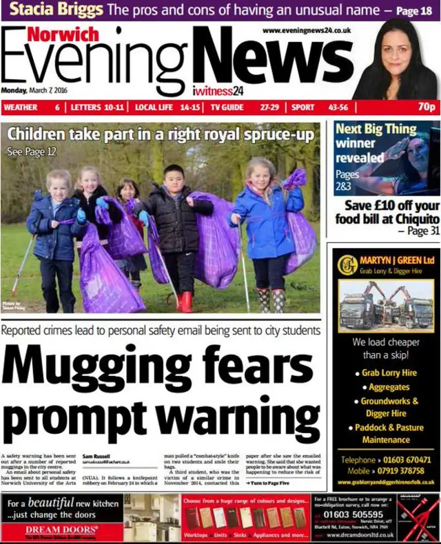 Front page of the Norwich Evening News