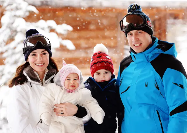 The Duke and Duchess of Cambridge, with Prince George and Princess Charlotte, in skiing outfits