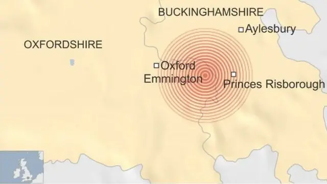 Map showing Emmington epicentre of earthquake