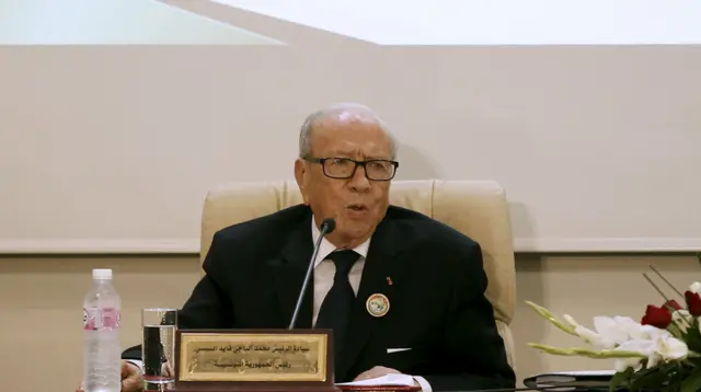 Tunisian President Beji Caid Essebsi speaks during the 33rd session of the Council of Arab Interior Ministers in Tunis, Tunisia, March 2, 2016