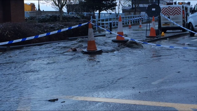 The burst water main in Great Yarmouth