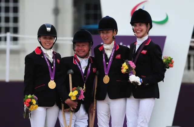 Sophie Wells, Lee Pearson, Deb Criddle and Sophie Christiansen won team gold for GB at London 2012