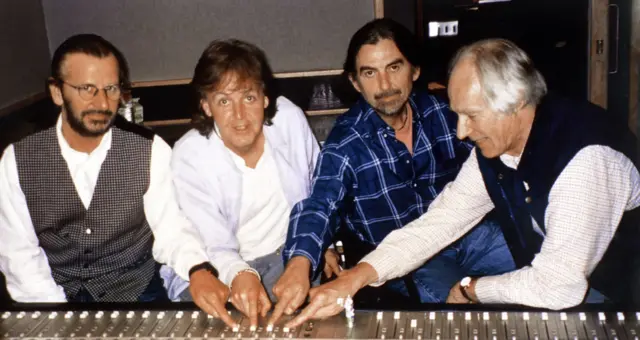 Ringo Starr, Sir Paul McCartney, George Harrison and Sir George Martin during the recording of Free as a Bird in 1995