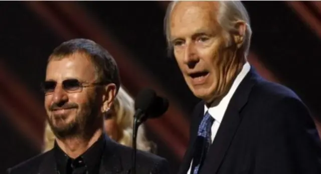 Ringo Starr and Sir George Martin share the stage at the 2008 Grammy Awards in Los Angeles