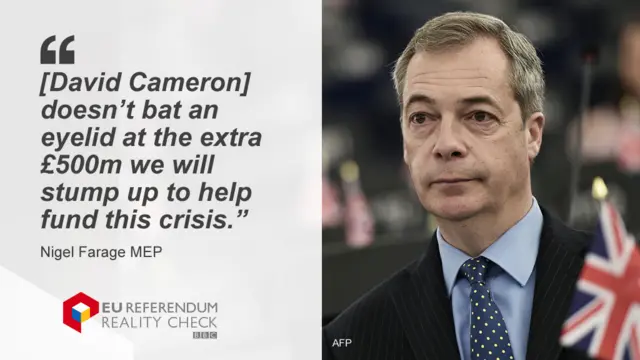 Nigel Farage quoted as saying David Cameron "doesn't bat an eyelid at the extra £500m we will stump up to help fund this crisis".