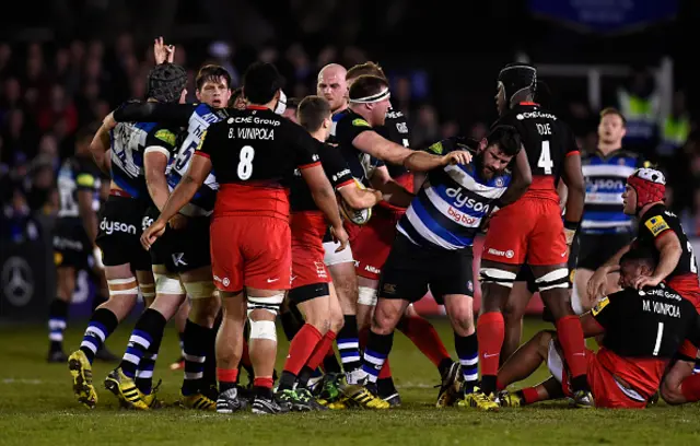 Bath and Saracens players scuffle