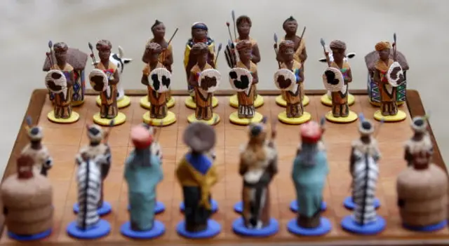 A chess set given to Queen Elizabeth II by Nelson Mandela in 1996, part of an exhibition of South African related items is displayed at Buckingham Palace on March 3, 2010 in London, England