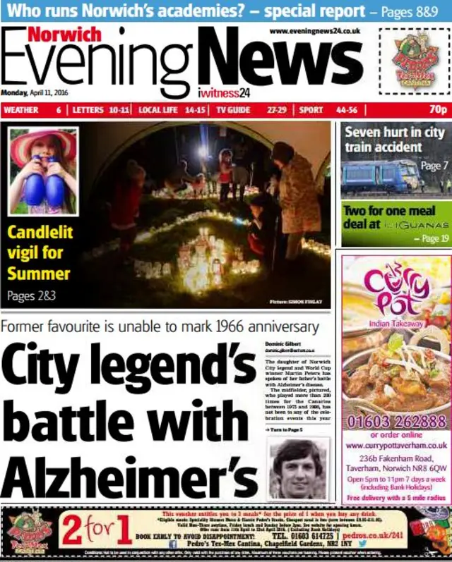 Front page of Norwich Evening News