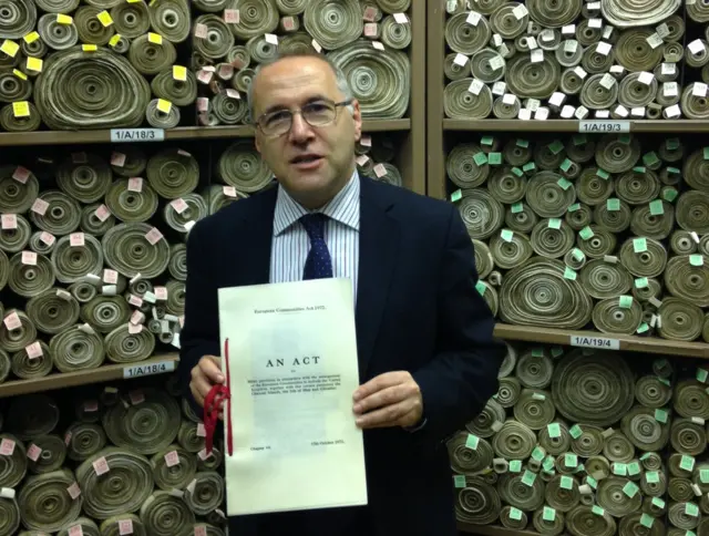 Clive holding the original of the 1972 EU Communities Act which took UK into EU
