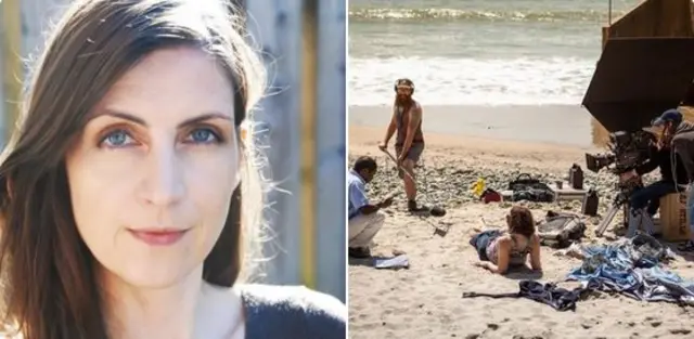 Image of Kat Wood and image of the film set of Home with Maggie Gyllenhaal