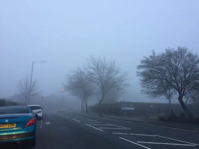 Foggy scene on the A38 at Filton