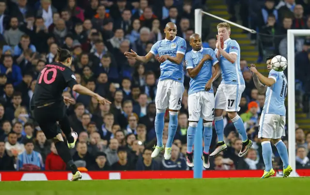 Zlatan Ibrahimovic hits a free-kick