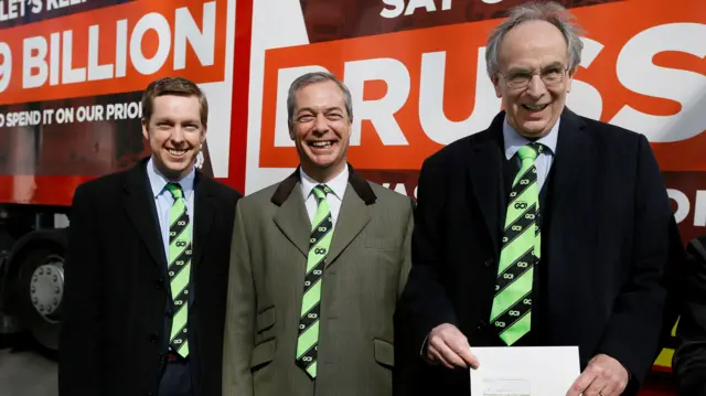 UKIP leader Nigel Farage (middle) and Wellingborough MP Peter Bone (right), Corby MP Tom Pursglove (left)