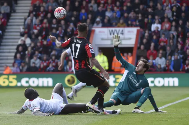 Bournemouth's Joshua King has his shot saved by Liverpool's Danny Ward