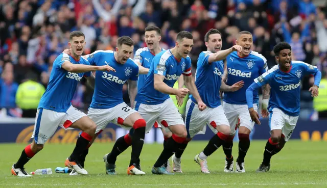 Rangers players celebrate their penalty shoot-out victory