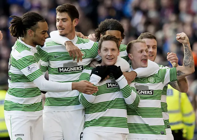 Celtic team-mates congratulate Kris Commons following his goal in last season's League Cup semi-final