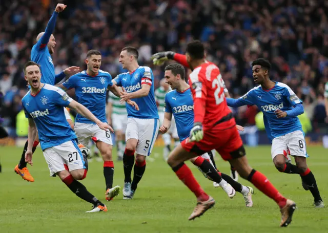 Rangers players celebrate following their penalty shoot-out victory