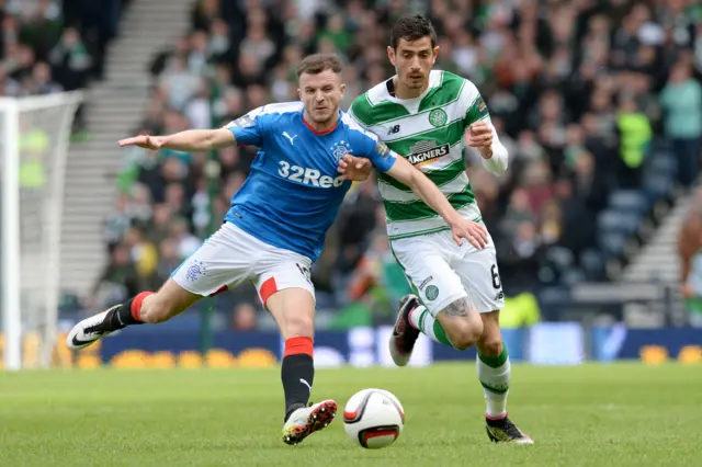 Rangers' Andrew Halliday tussle for possession with Nir Bitton