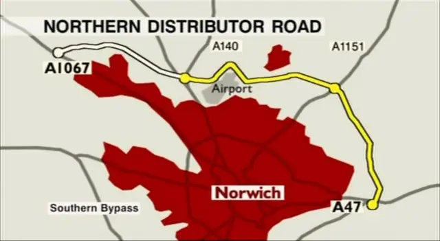 Map showing route of the NDR from the A47 east of Norwich to the A1067