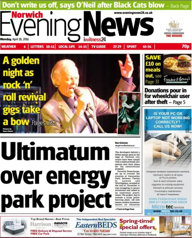 Front page of Norwich Evening News