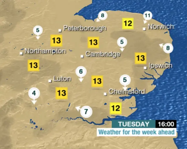 Weather chart for Tuesday 16:00