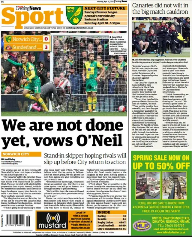 Back page of Norwich Evening News