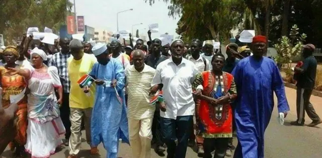 rotesters are seen in this April 16, 2016 in Banjul following the death of an opposition figure