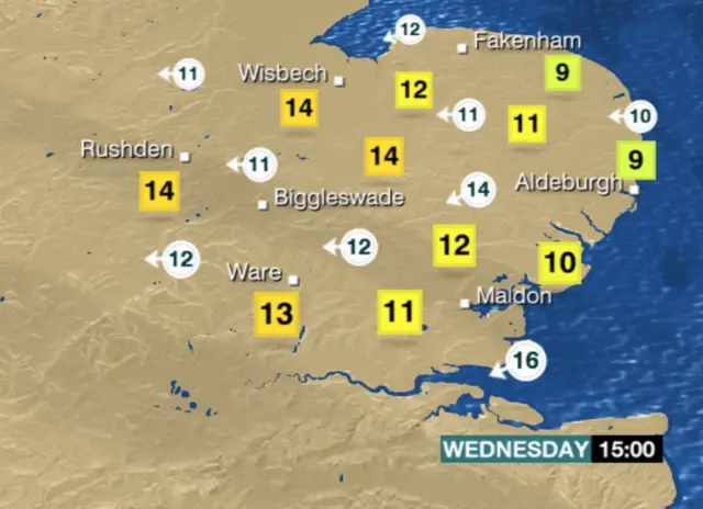 Weather chart for 15:00 Wednesday, showing clear skies over Norfolk