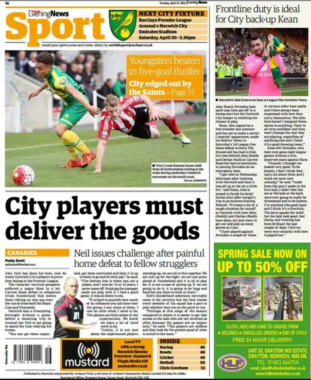 Back page of Norwich Evening News