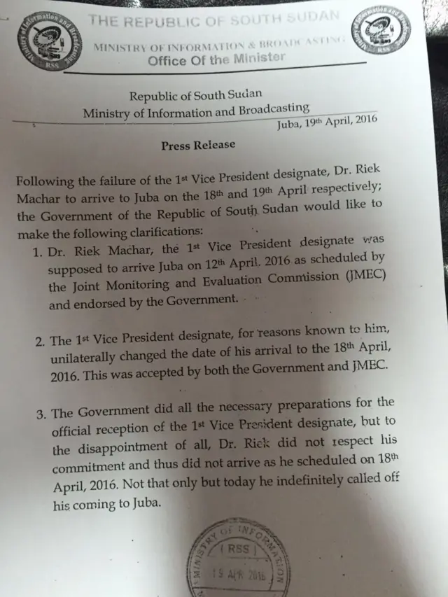 South Sudan government statement