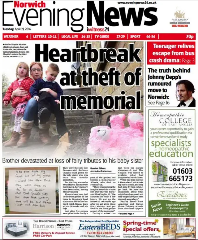 Front page of Norwich Evening News