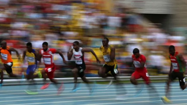 Usain Boltin (centre) in the men's semi-final of the 100 metres of the 2013 IAAF World Championships