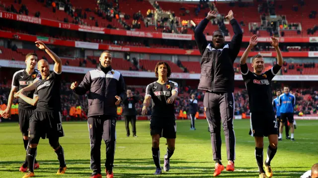 Watford's players celebrate after the FA Cup win over Arsenal