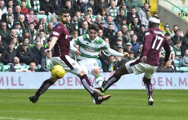 Patrick Roberts sees the space and fires in his second of the match and Celtic's third