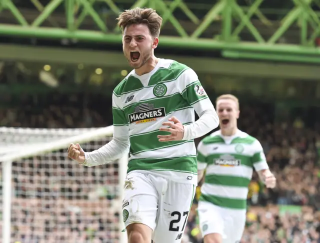 Patrick Roberts celebrates his second goal and Celtic's third