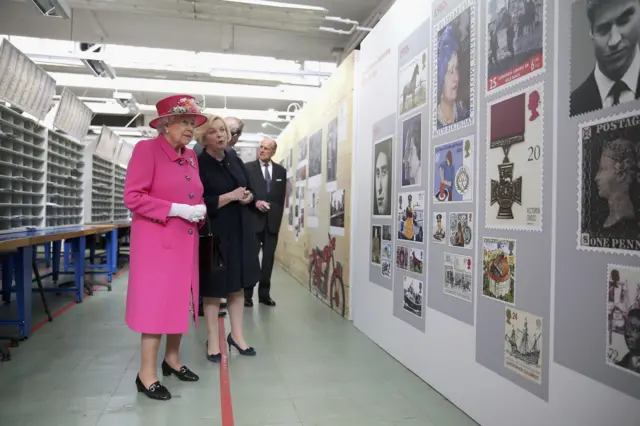 The Queen with Royal Mail chief executive Moya Greene