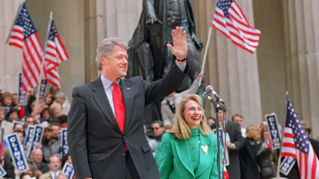 Bill Clinton and Hillary Rodham Clinton campaign in front of the Federal Hall in New York prior of New York presidential primary on 7 April 1992