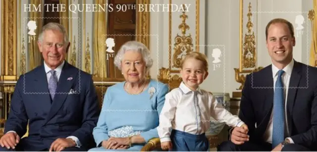 A sheet of stamps featuring Prince Charles, the Queen, Prince George and Prince William